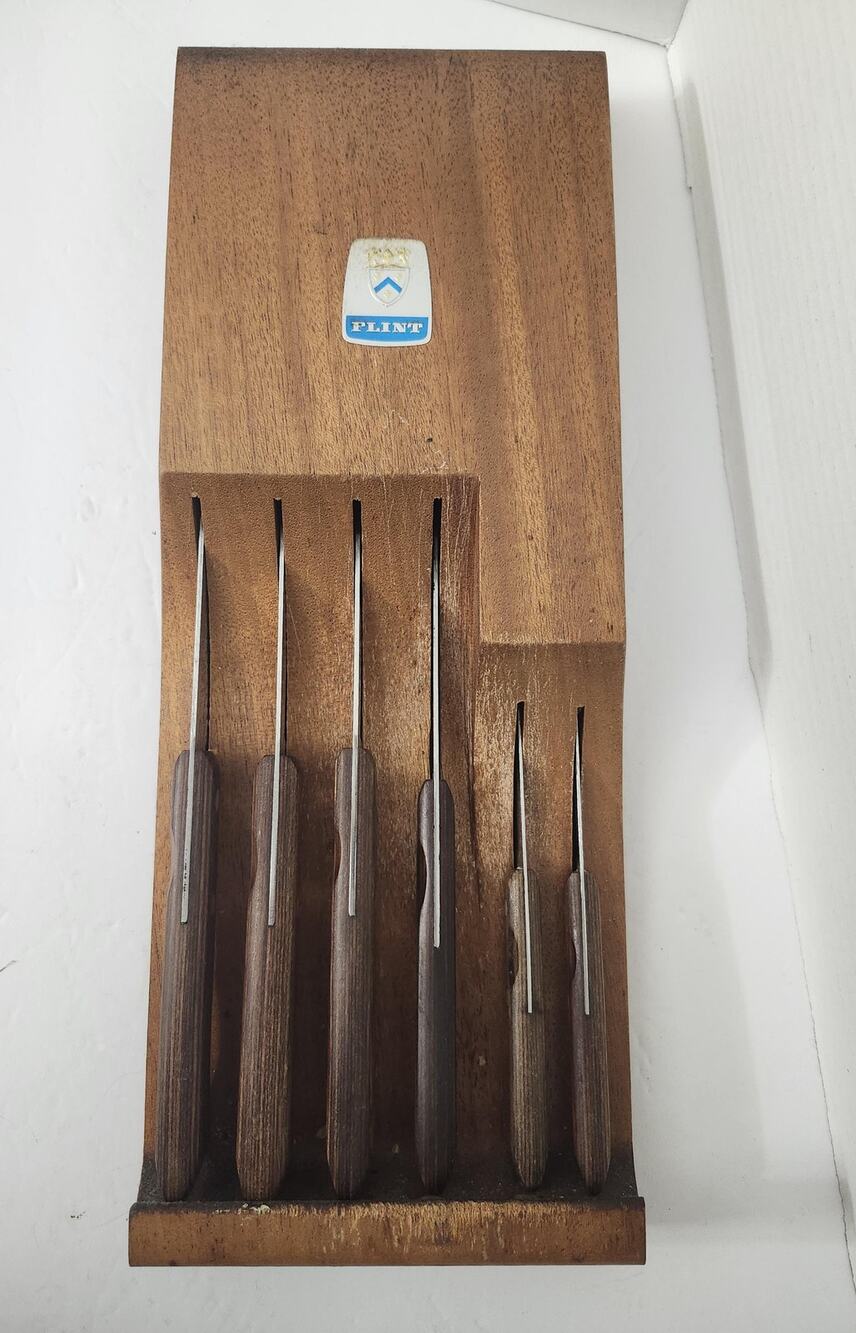 Vintage 1960s Ekco Flint Ekcowood Knife Block Holder with 6 Piece Knife Set